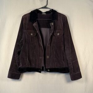 Y2K J.Jill Corduroy Jacket Velvet Trim Trucker Style Brown/Plum Black LP